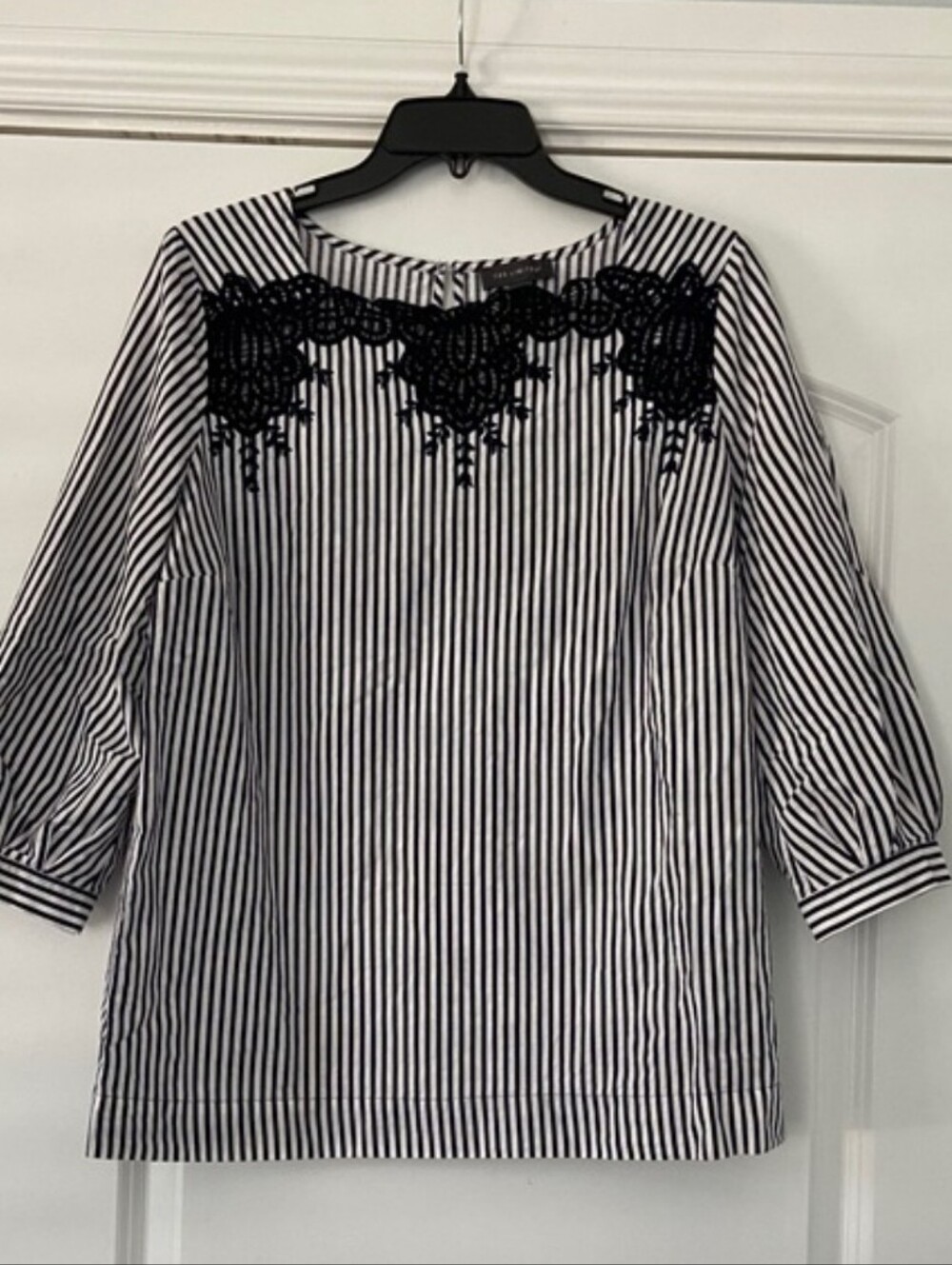 The Limited Black & White Striped Lace-Yoke Blouse